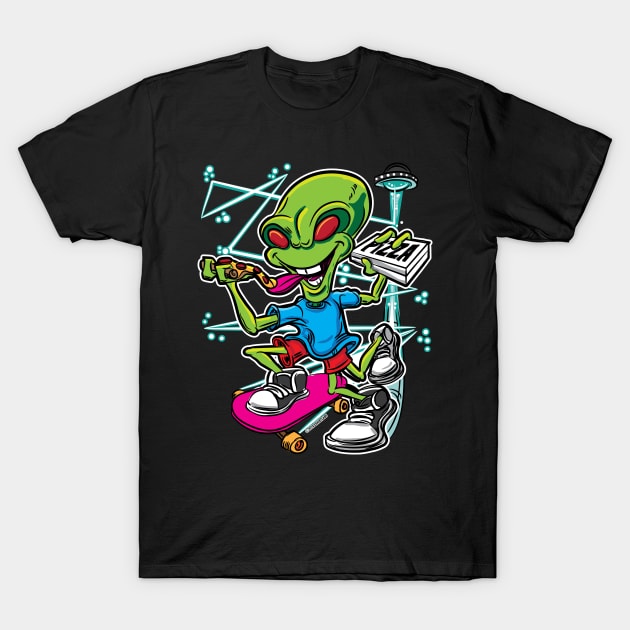 Alien UFO Flying Saucer Pizza Delivery Skateboard T-Shirt by eShirtLabs